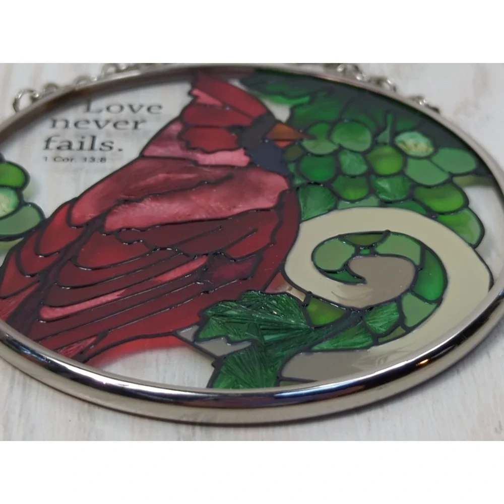 Cardinal suncatcher window hanging stained‎ glass Love Never Fails 1 Cor 13:8